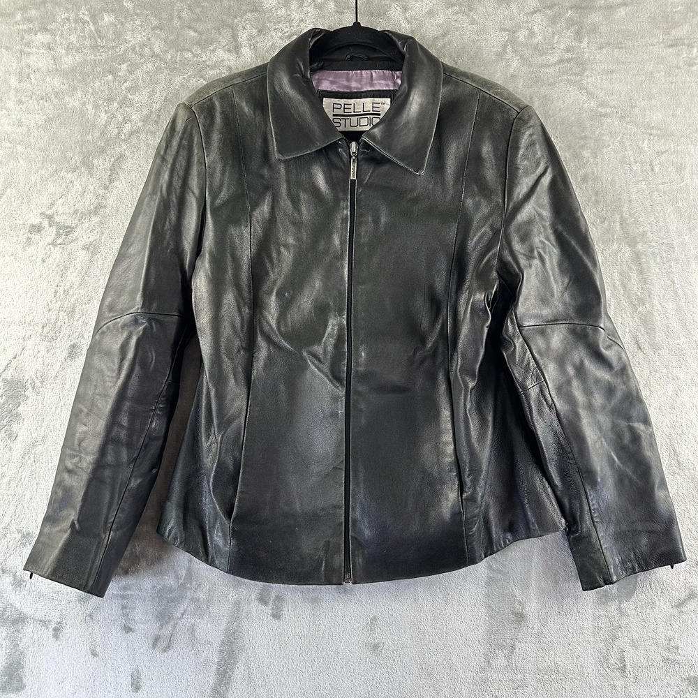 VTG Pelle Studio Wilsons Leather Jacket Women's L Black Y2K Full Zip Closure